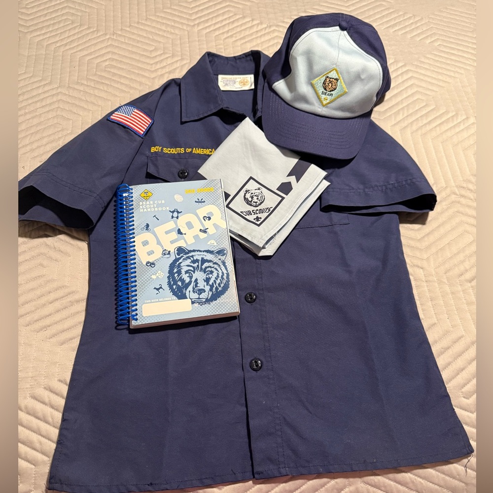 Youth M Cub Scout Uniform Shirt with Bear Rank Neckchief, Hat, and Guidebook